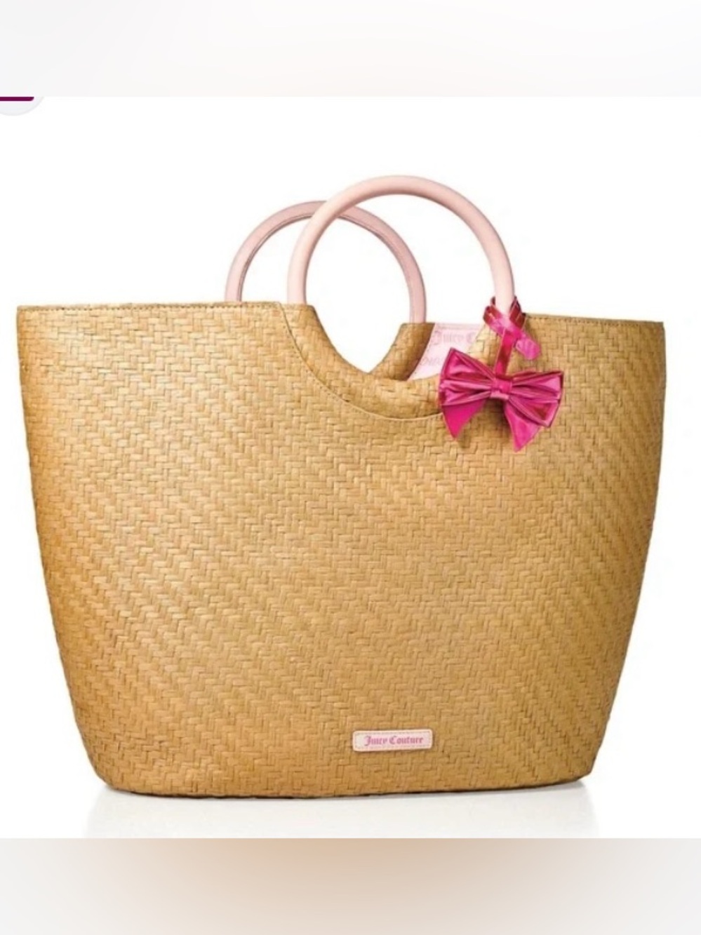 Juicy Couture Straw Tote with Pink Handles and Hot Pink Bow NWT